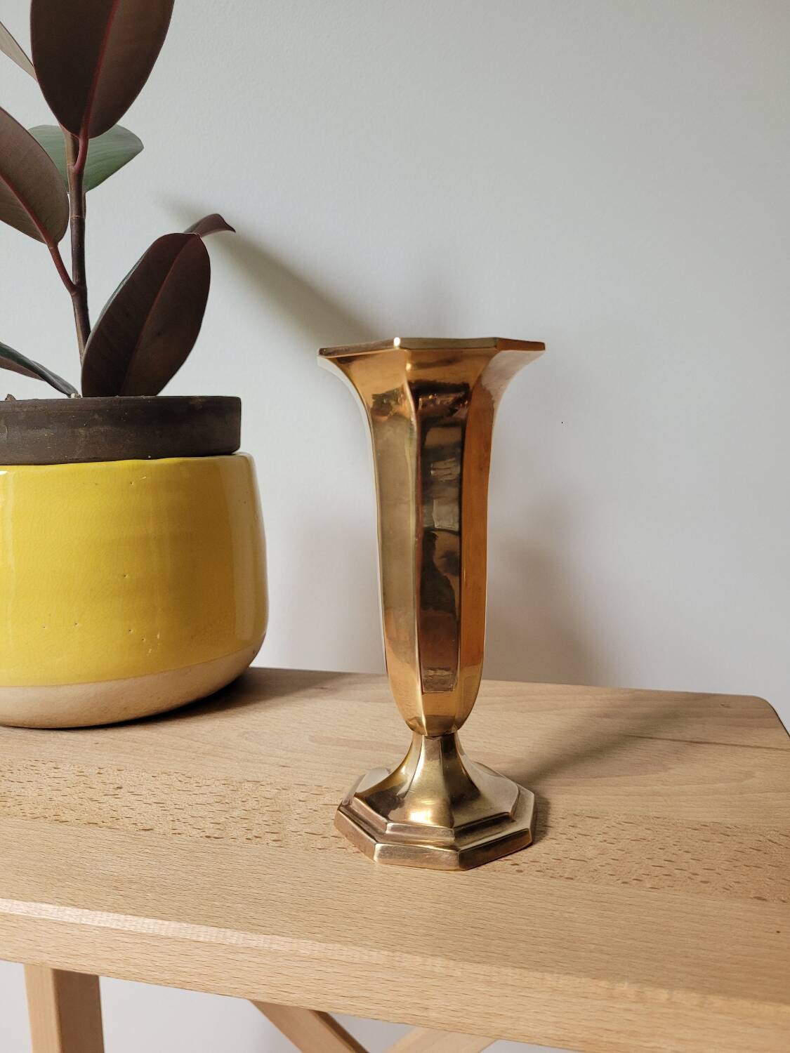 Hexagonal brass vase in trumpet shape