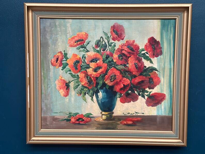 Original Swedish Oil on Canvas – "Red Poppies in a Blue Vase" by C. Horst – Signed – Vintage and Framed – 72 × 62 cm (28.3" × 24.4")