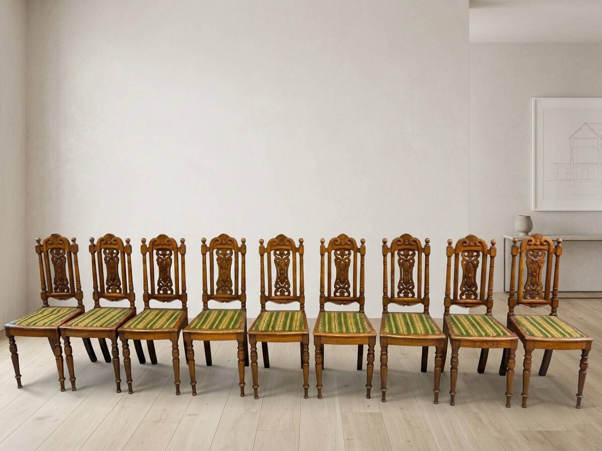Set of 9 Renaissance Revival dining chairs, carved wood, Czechoslovakia, early 20th century