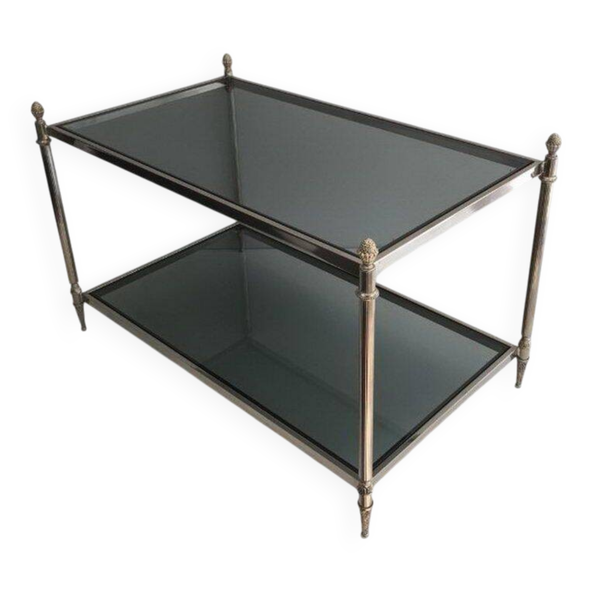 Neoclassical silver coffee table with bluish glass tops