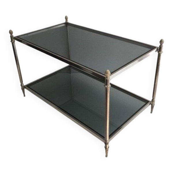 Table basse néoclassique argentée à plateaux de verres bleutés