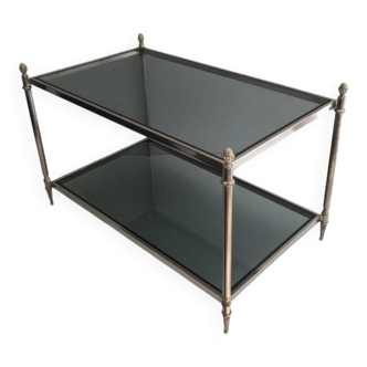 Neoclassical silver coffee table with bluish glass tops