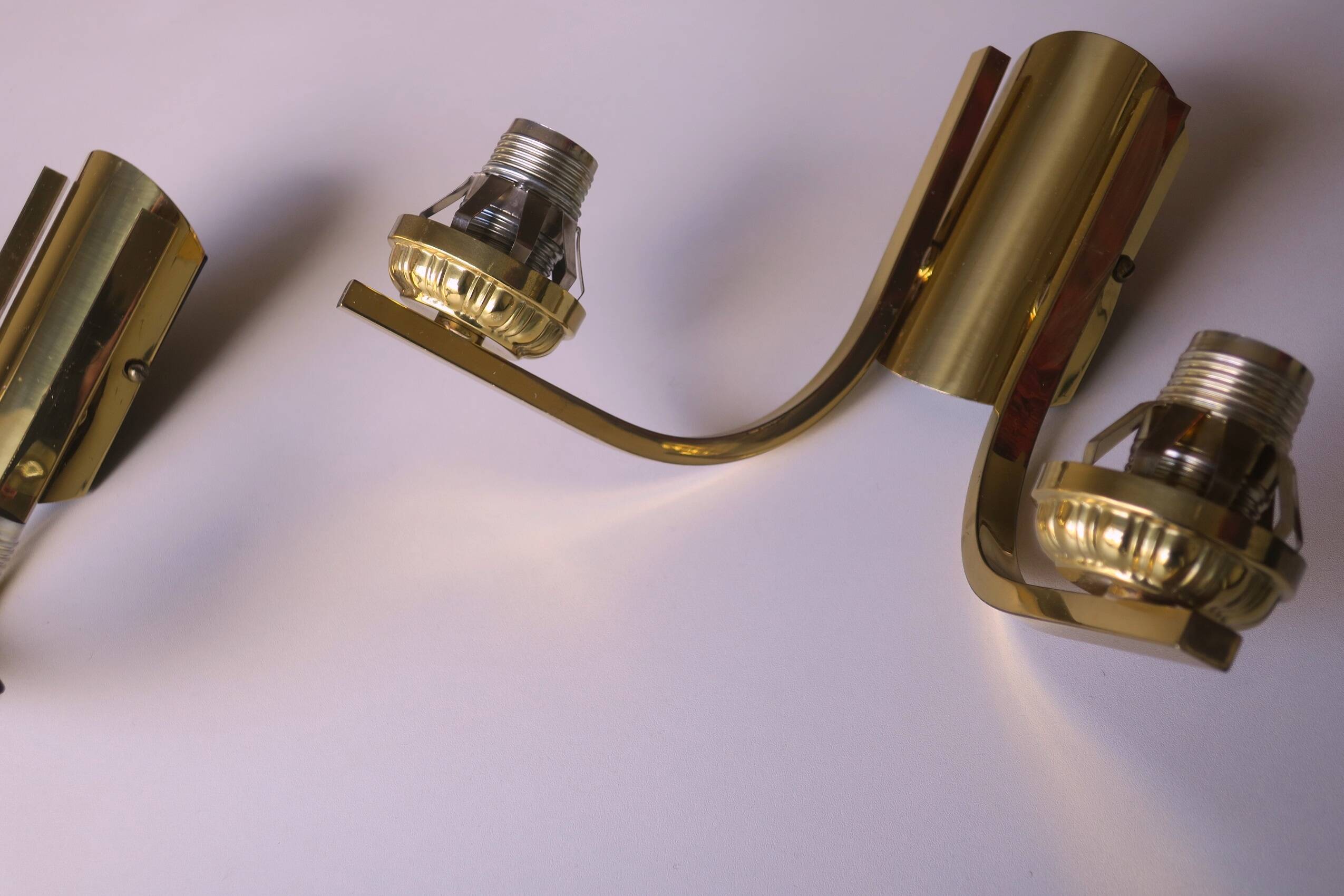 Mid century pair of brass and glass double wall lights,1970s