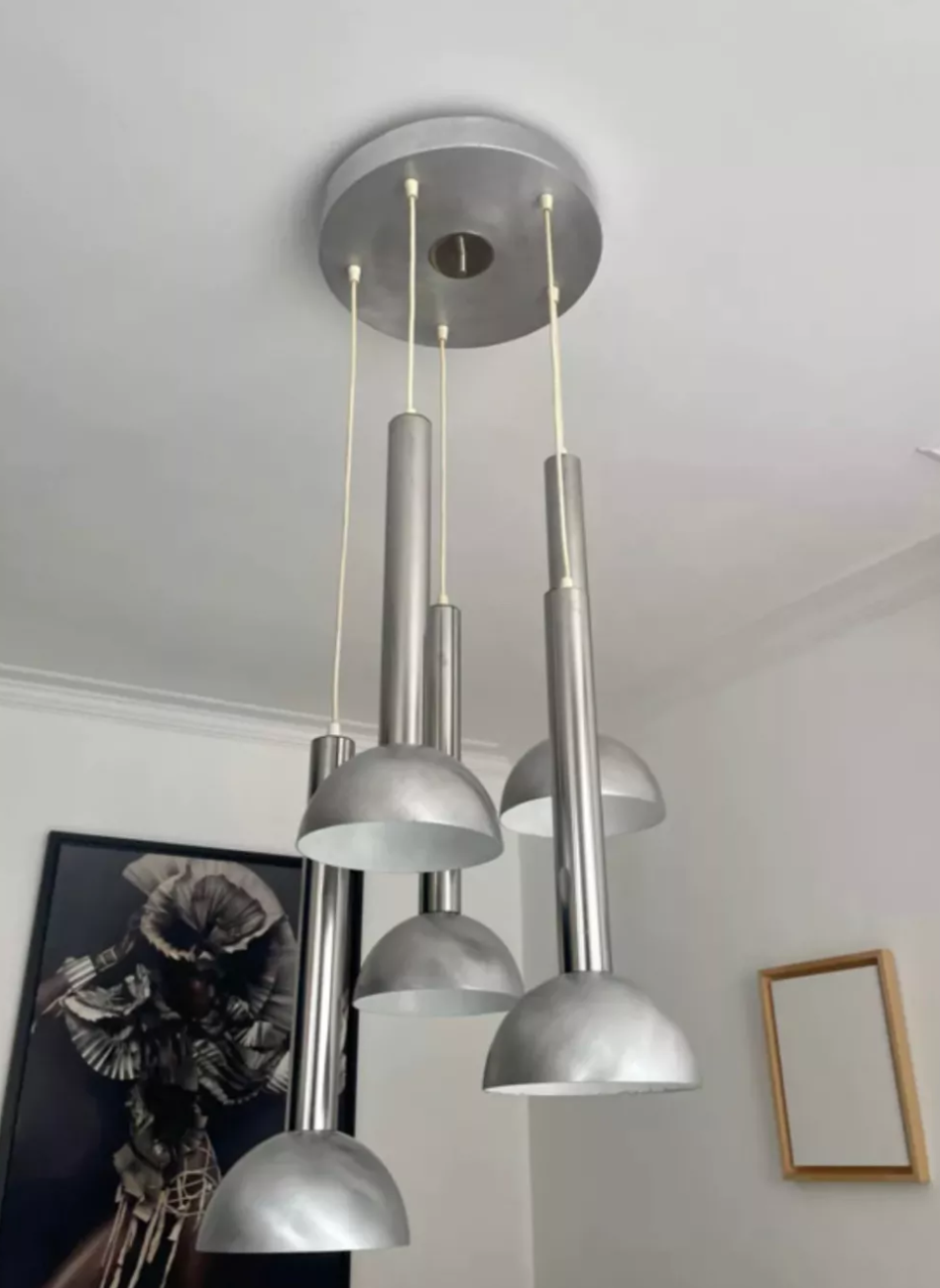 Vintage pendant lamp, chromed and brushed metal, France 1970