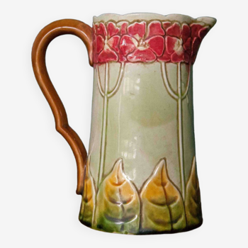 Vintage old earthenware pitcher, French pitcher, Art Nouveau, floral pattern pitcher, kitchen decor