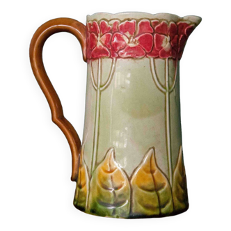 Vintage old earthenware pitcher, French pitcher, Art Nouveau, floral pattern pitcher, kitchen decor