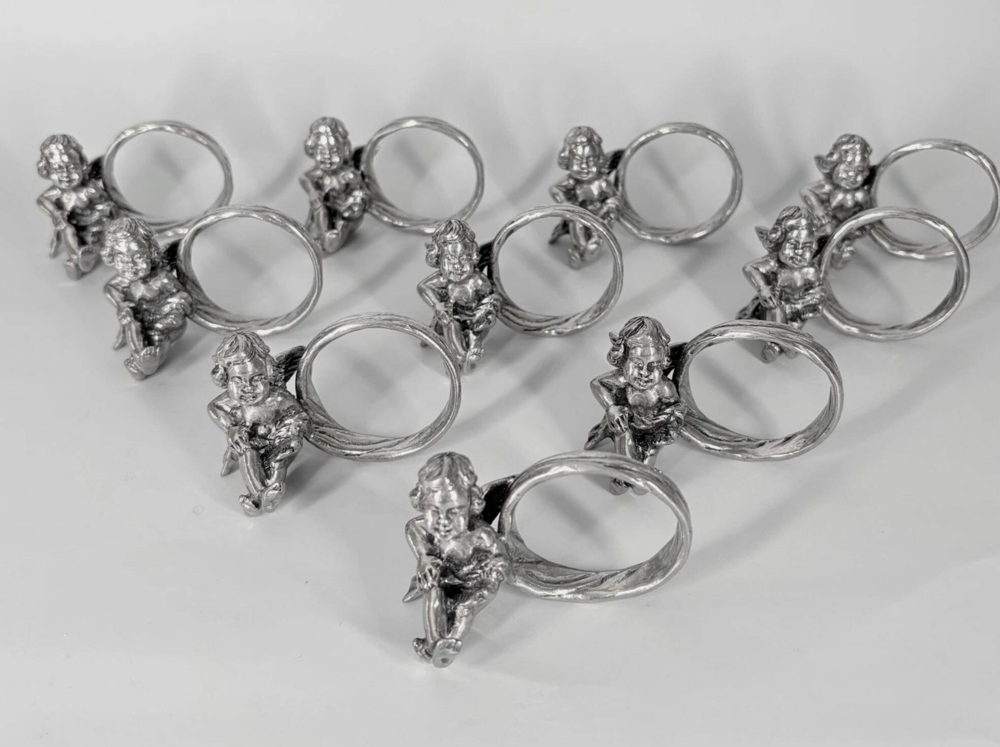 Set of 10 Silver-Plated Cherub Napkin Rings, Vintage Table Décor Putti Figurine
