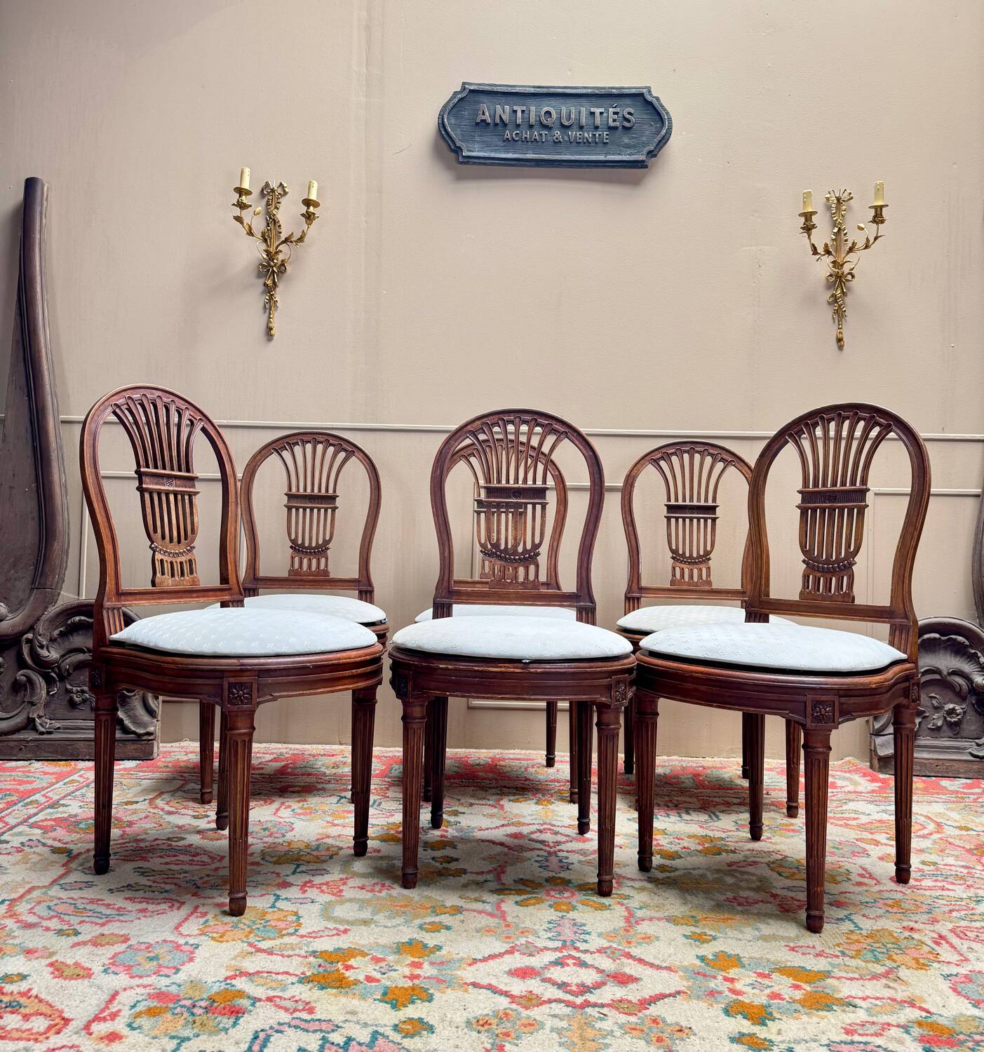 Set of six Louis XV style natural wood sheaf back chairs