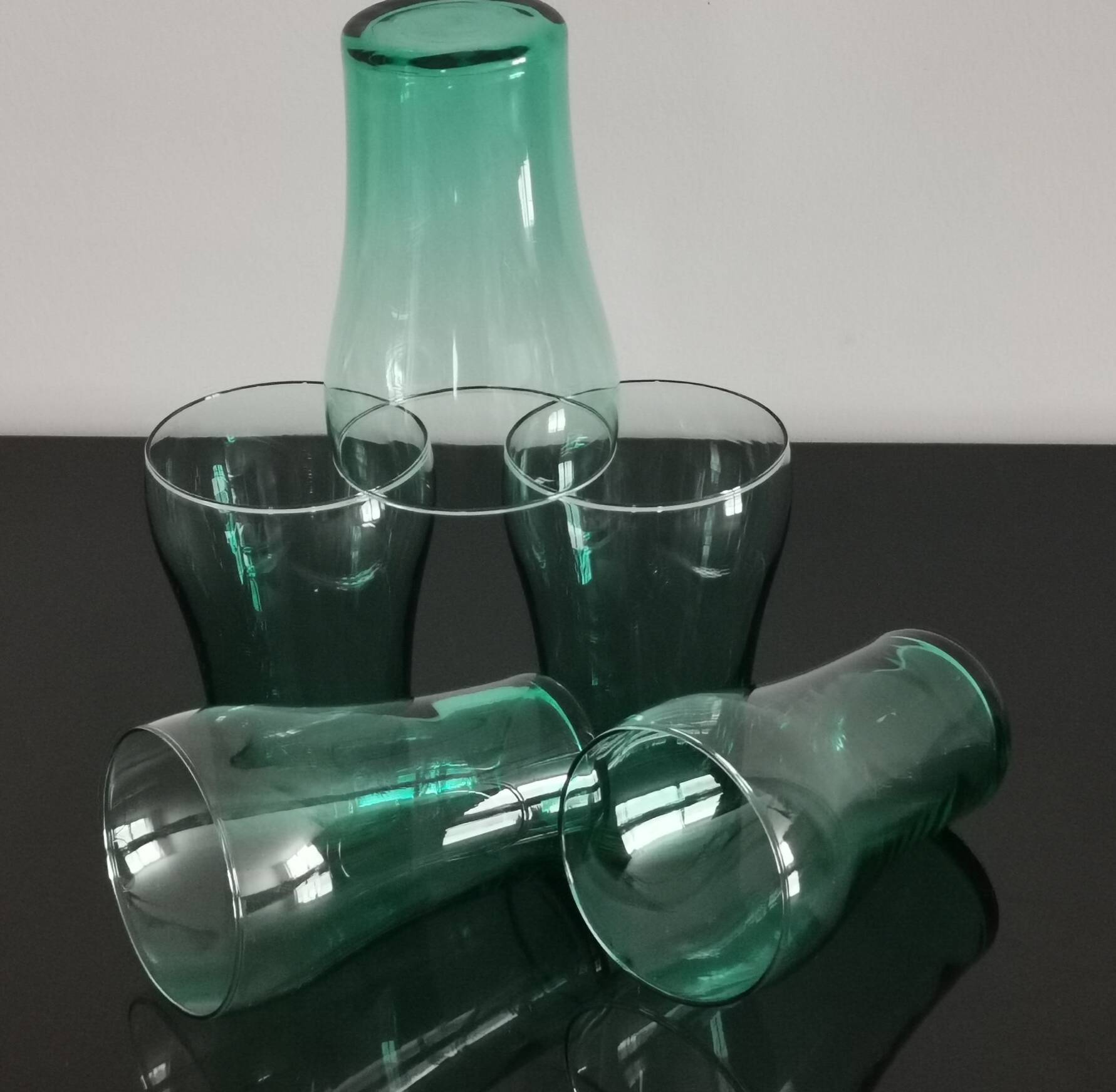 5 old vintage emerald green glasses