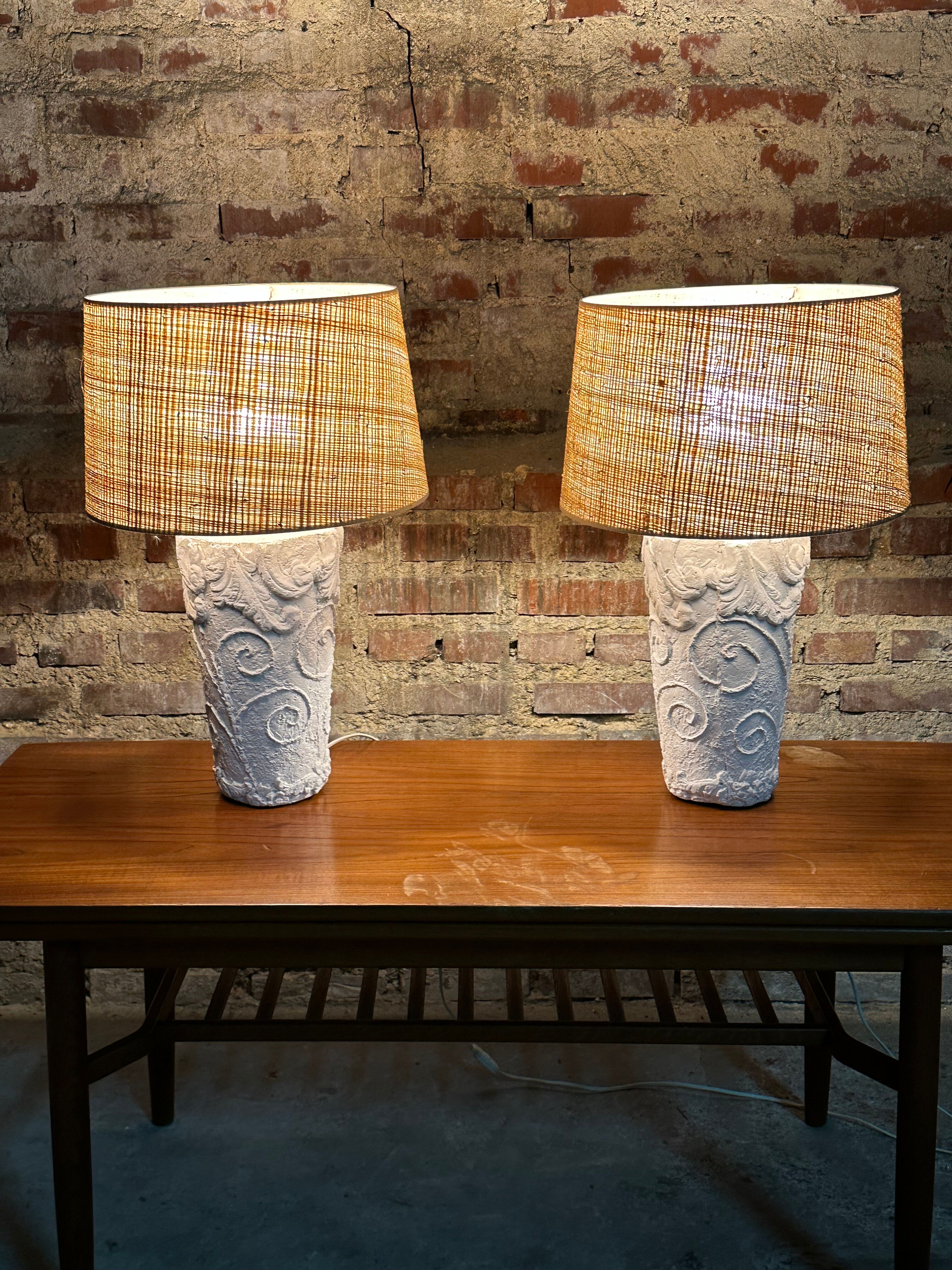 Lamps (set of 2) vintage 80'S in plaster and rattan lampshade