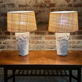 Lamps (set of 2) vintage 80'S in plaster and rattan lampshade