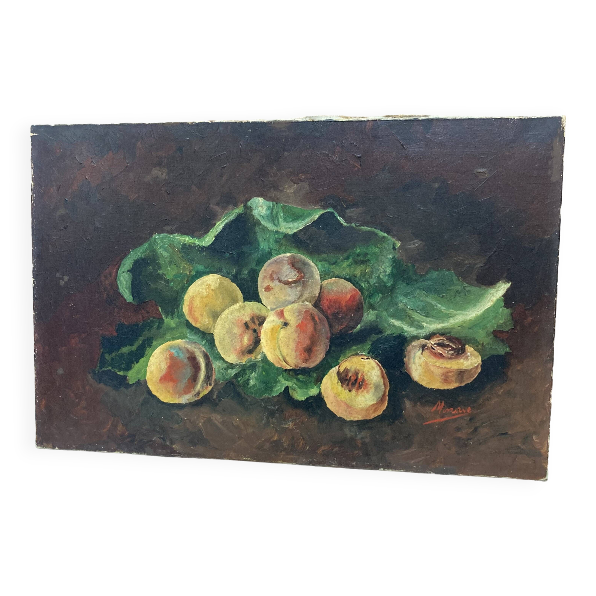 Nature morte "Pêches" huile sur toile ancienne