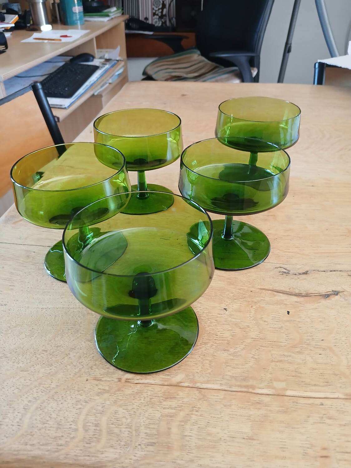 5 antique green champagne coupes