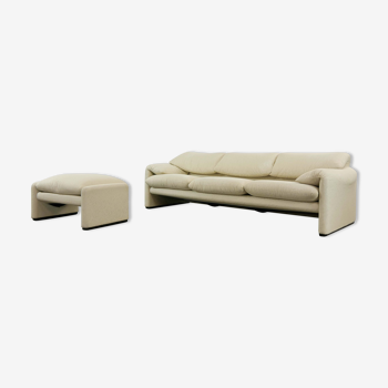 Maralunga 3-seat Sofa with Footrest in offwhite by Vico Magistretti for Cassina, Italy