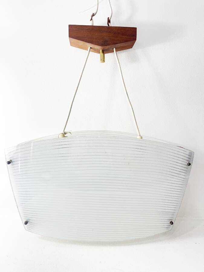 Scandinavian pendant light in ribbed glass and teak, 1960