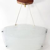 Scandinavian pendant light in ribbed glass and teak, 1960