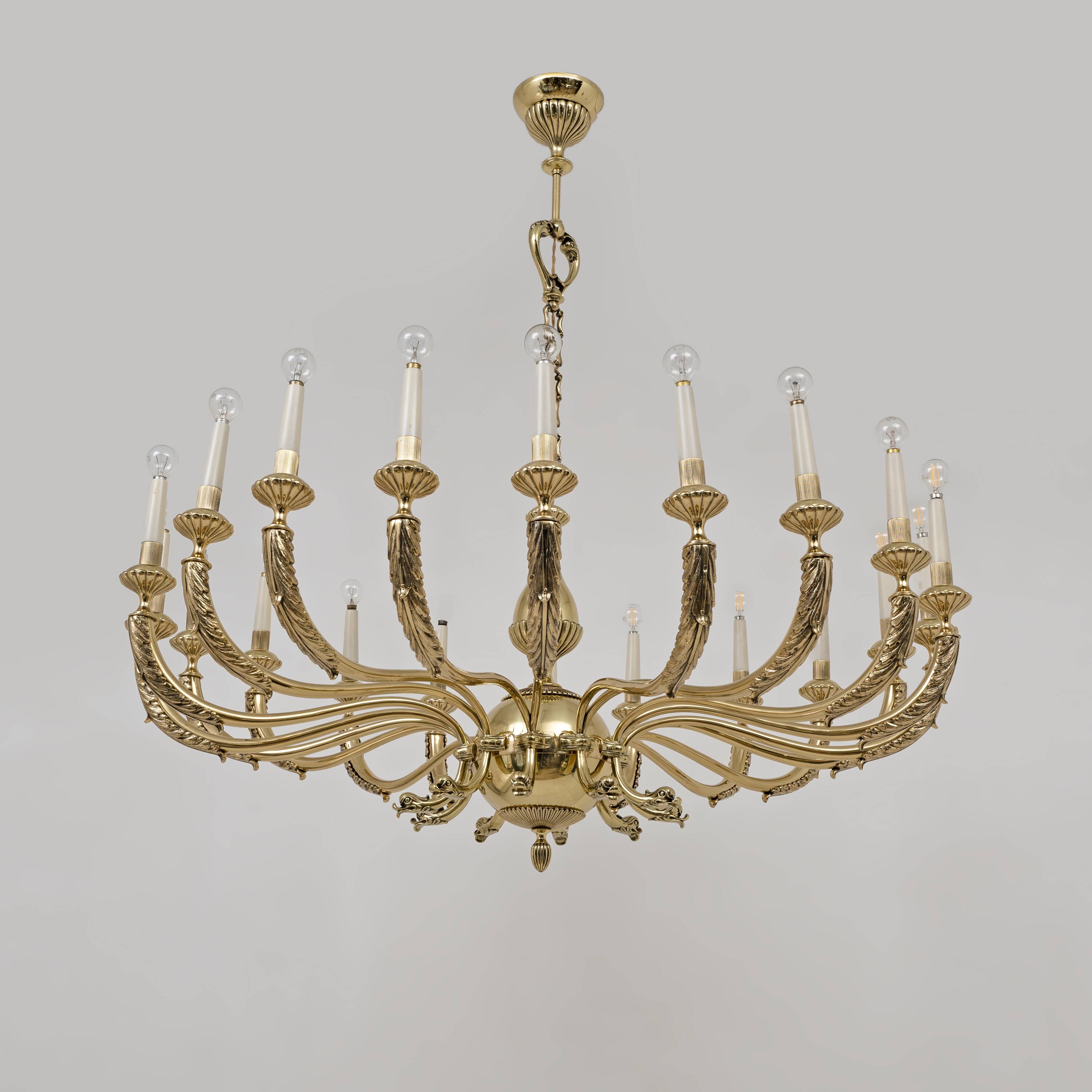 Italian Neoclassical Style 20-Light Brass Chandelier, 1950s