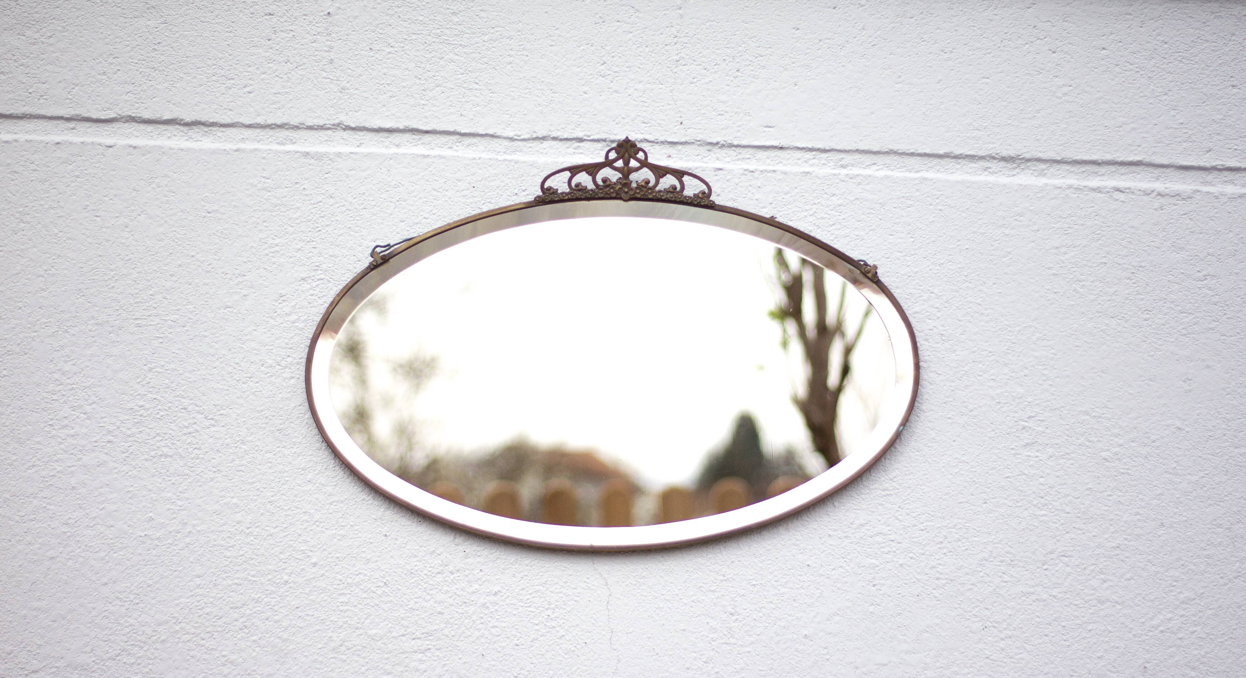 Art nouveau bronze mirror, art deco mirror, oval mirror, beveled mirror, wall decoration, mirror