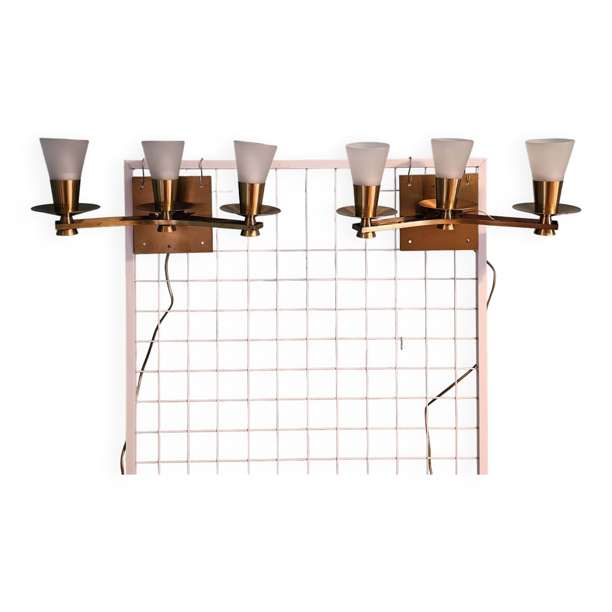 Maison cheret, pair of 3-light wall lights in ronze, brass and glass, circa 1950/1960