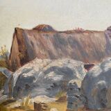 Huile sur carton 1930 représentant un calvaire breton et une chaumière