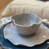 Handmade enameled ceramic bowl clover flower pop gray blue