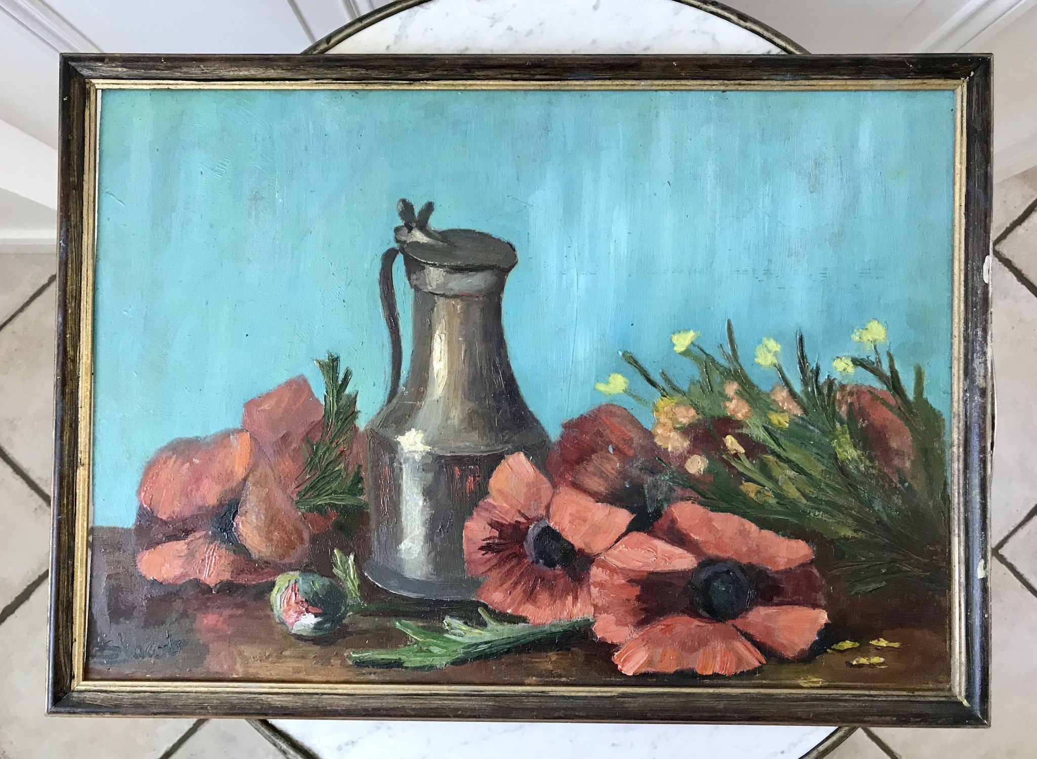 Old painting signed still life pitcher and poppies on vintage azure background