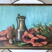 Old painting signed still life pitcher and poppies on vintage azure background