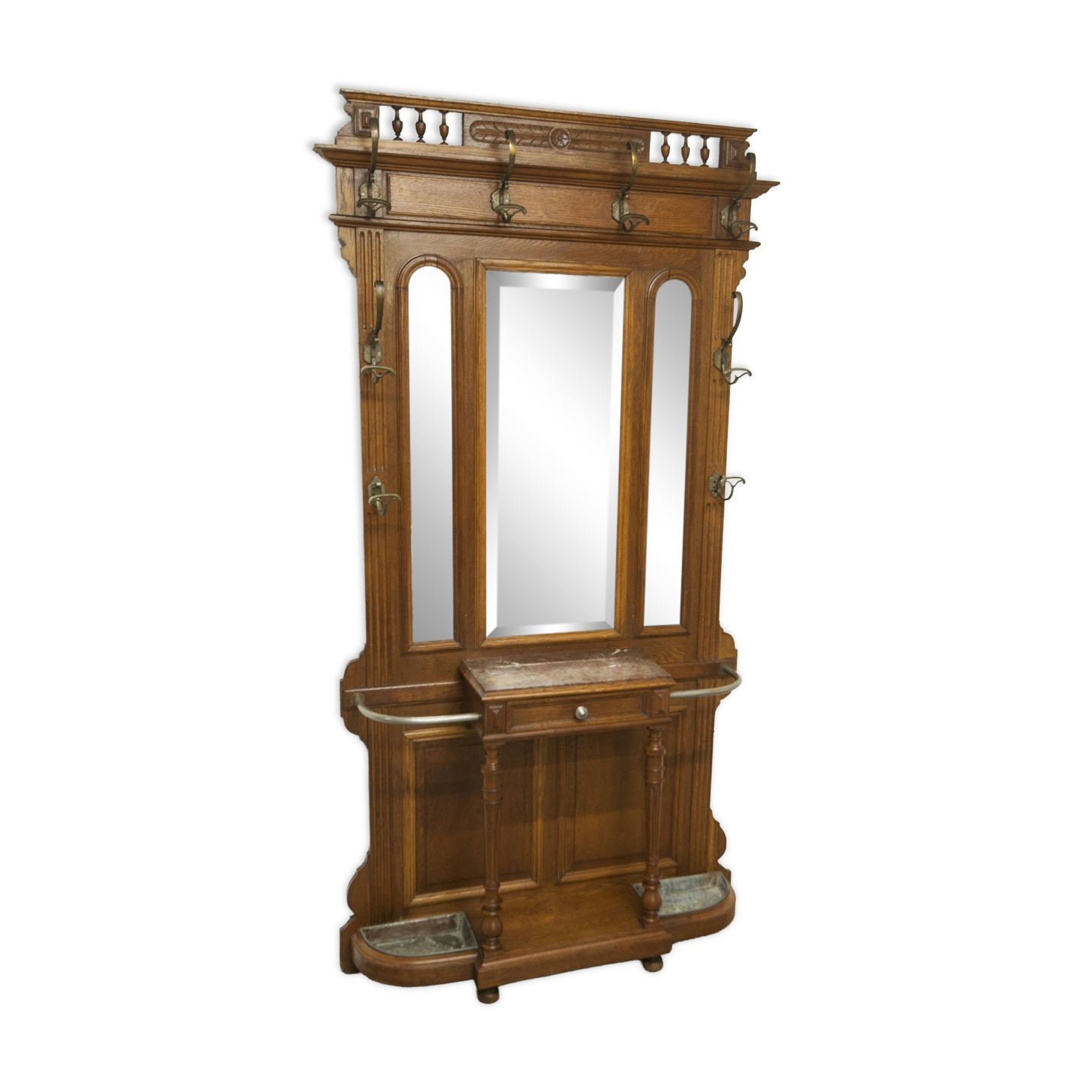 Vestiaire Napoléon III en noyer fin 19e, 3 miroirs, marbre, 8 patères