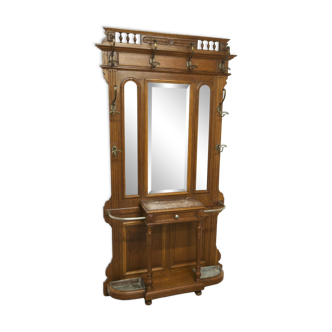 Vestiaire Napoléon III en noyer fin 19e, 3 miroirs, marbre, 8 patères
