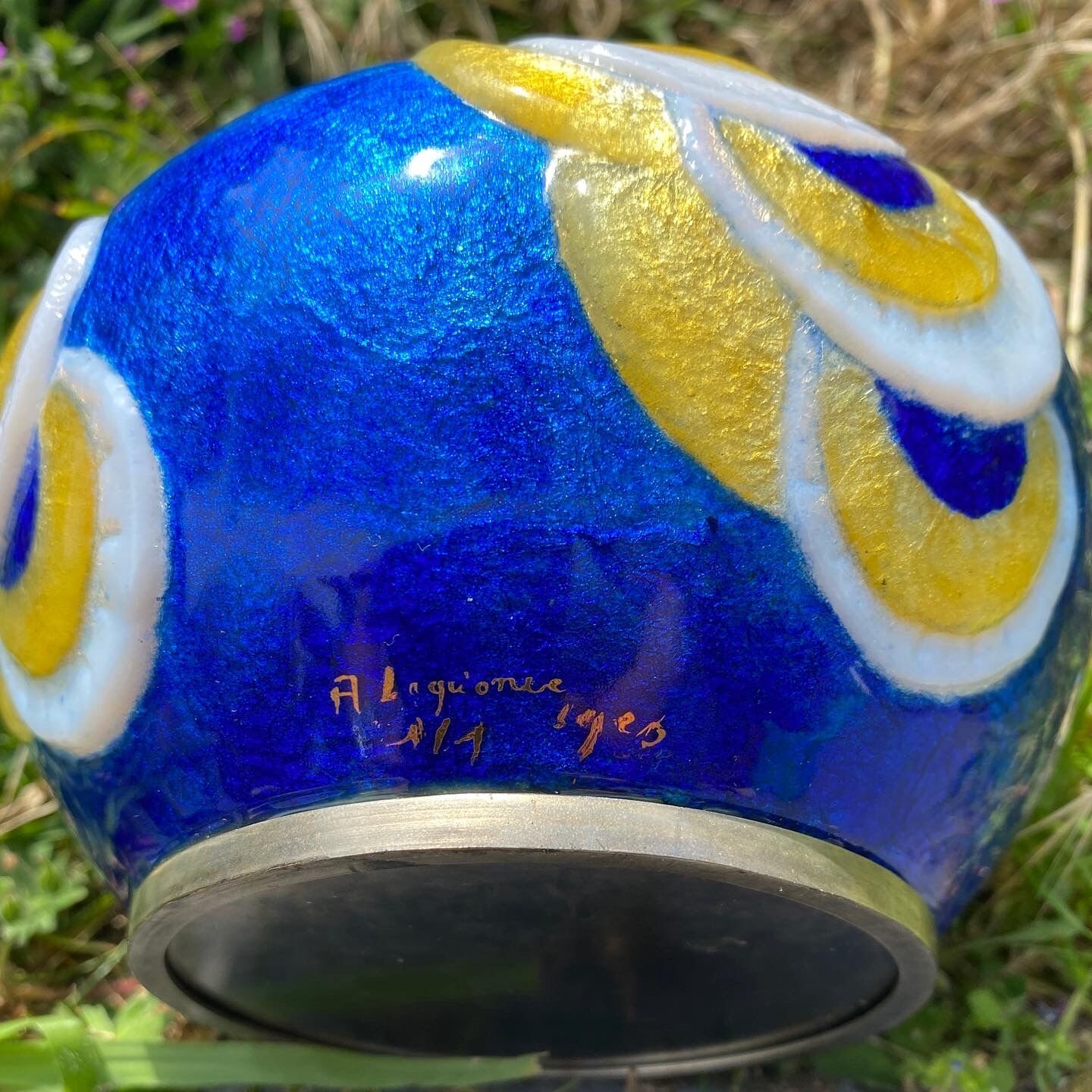 Azar Laguionie modernist art deco vase in Limoges enamels