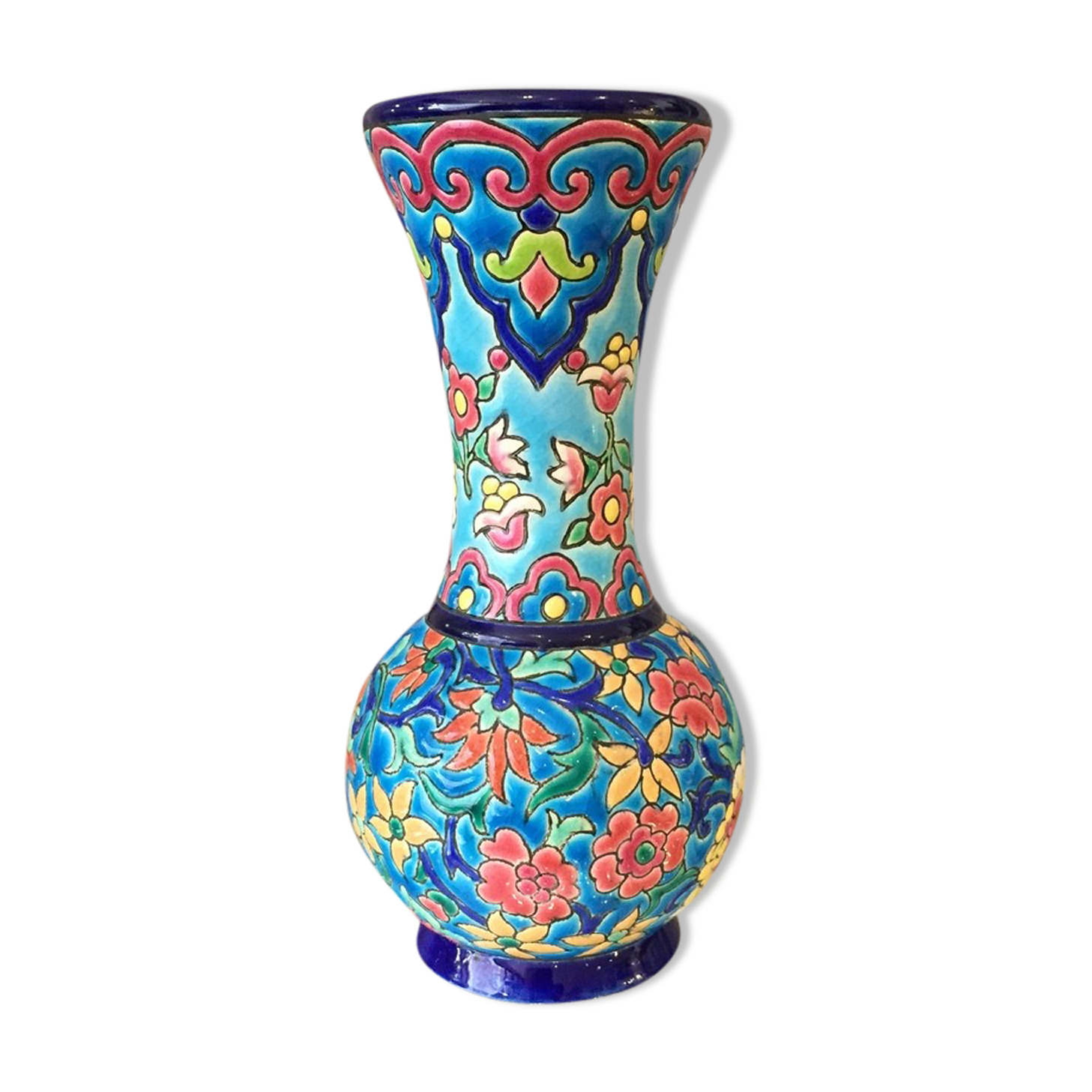 Soliflore vase in Longwy emaux multicolored flowers