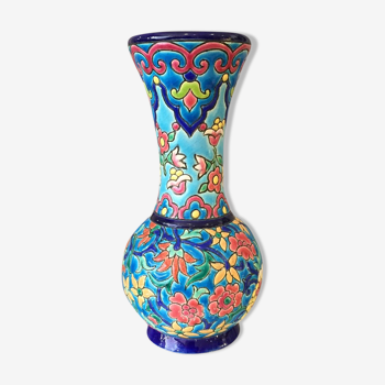 Vase soliflore en emaux de Longwy fleurs multicolores