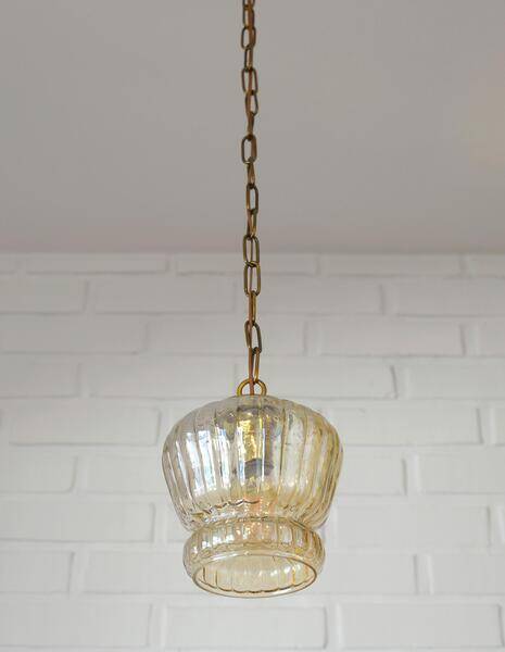 Vintage old gold pendant light, amber glass, 1960s chain lamp