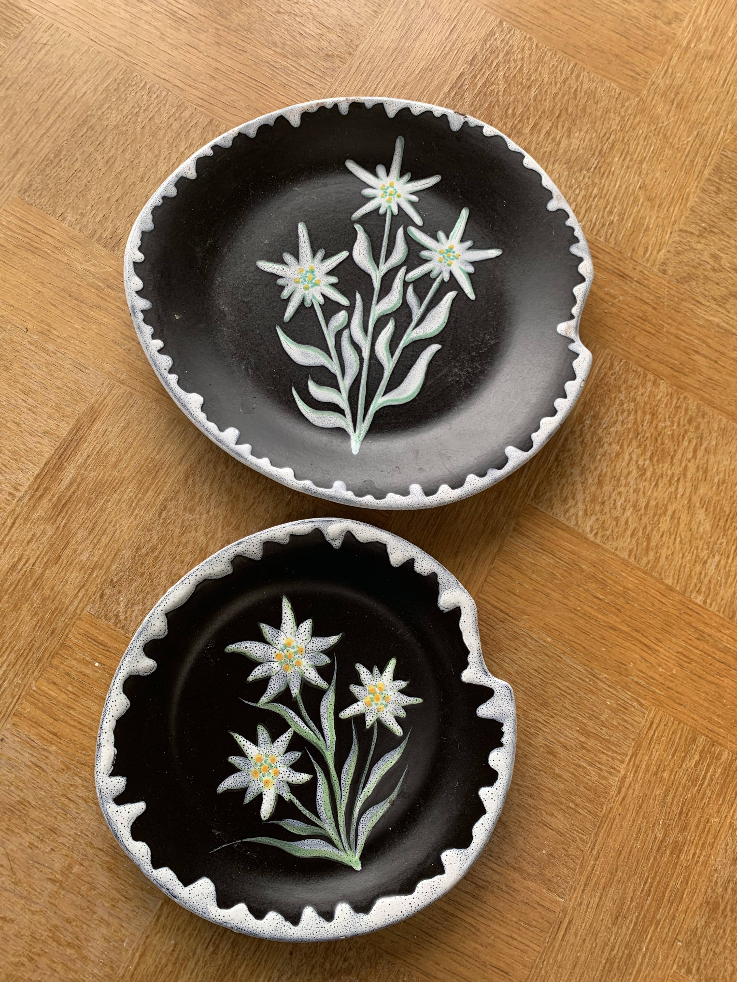 Two plates, decorative dishes edelweiss patterns in glazed ceramic signed SF vintage