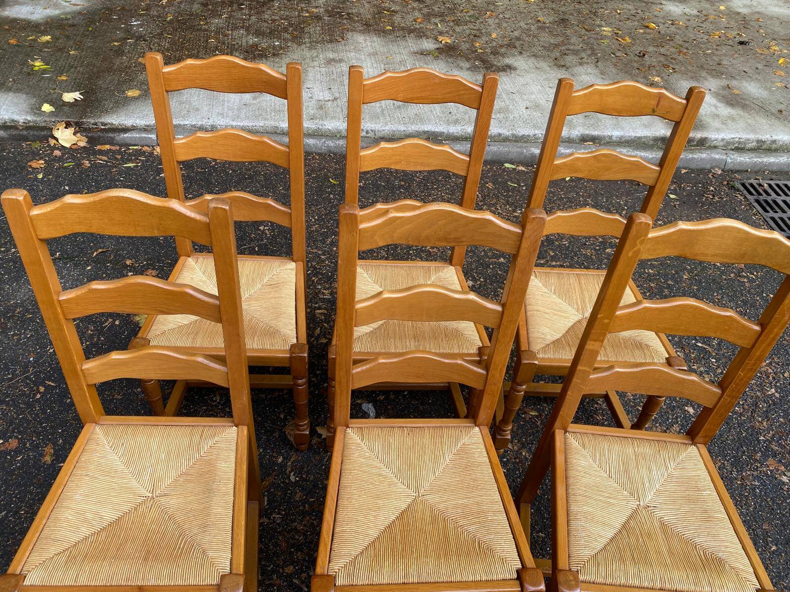 6 solid oak dining chairs with straw 105cm