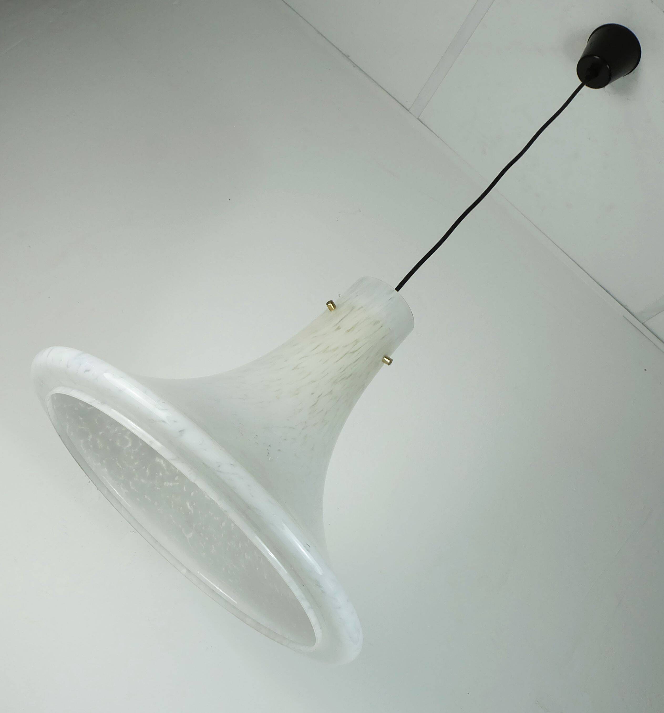 large 1970s glashuette limburg PENDANT LIGHT white opaline bubble glass trumpet-shaped shade P283 42