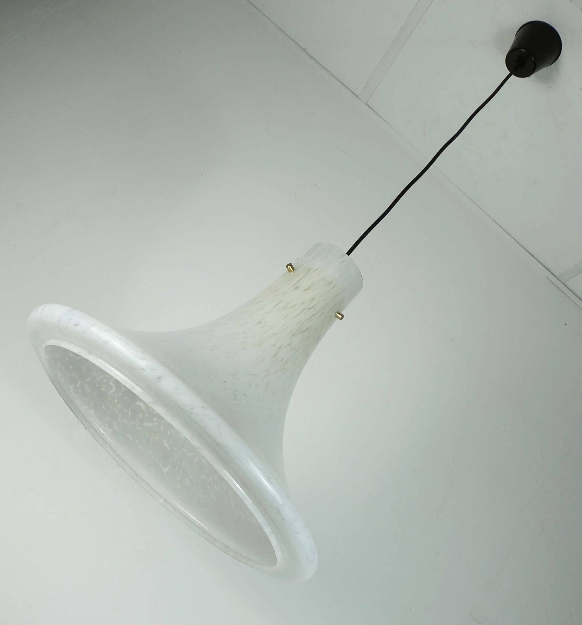 large 1970s glashuette limburg PENDANT LIGHT white opaline bubble glass trumpet-shaped shade P283 42