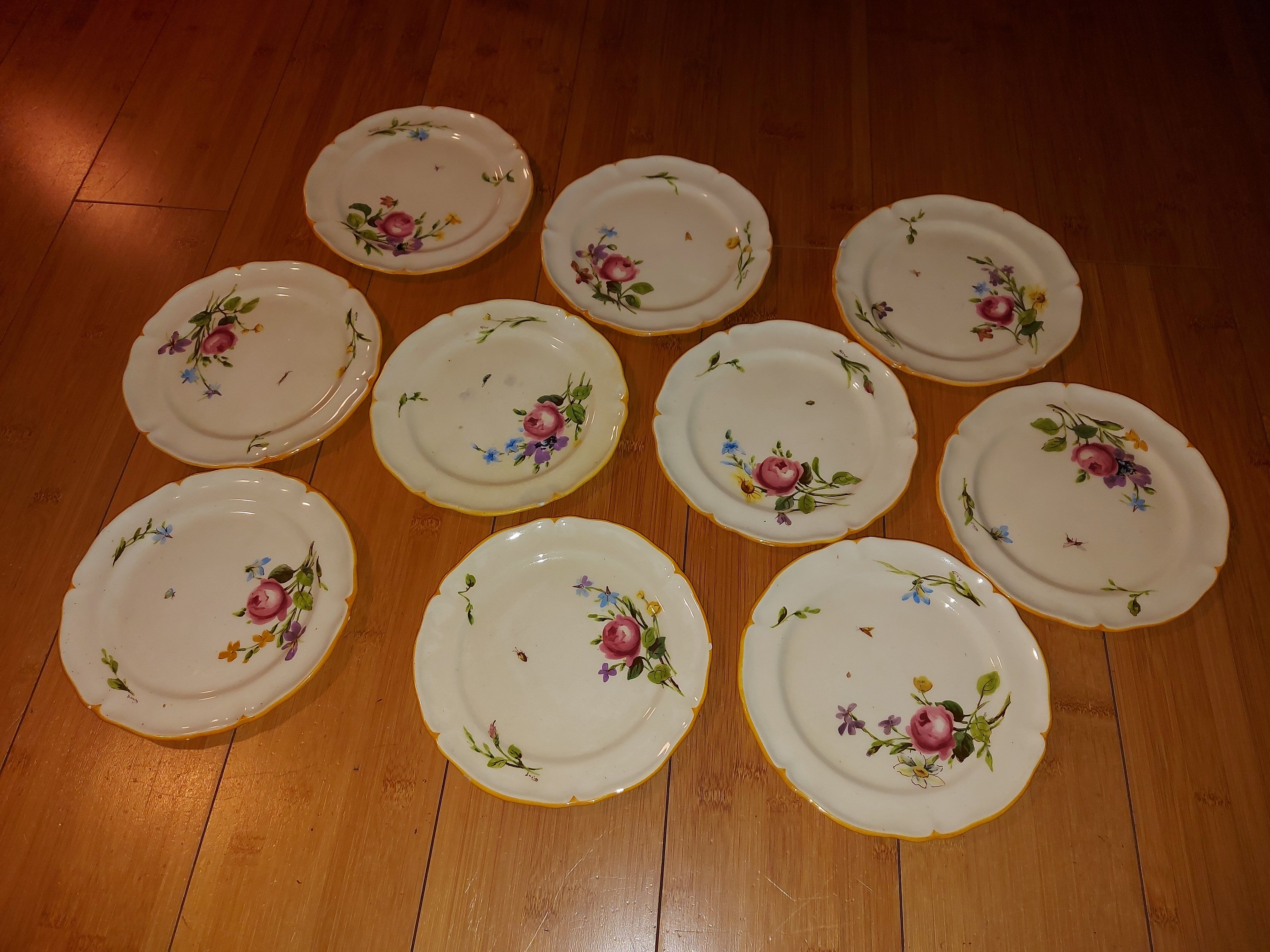 10 dessert plates painted decorated with flowers, insects (all different)