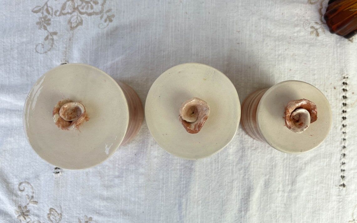 Set of 3 artisanal ceramic boxes signed Oupi Kiri vintage 50s