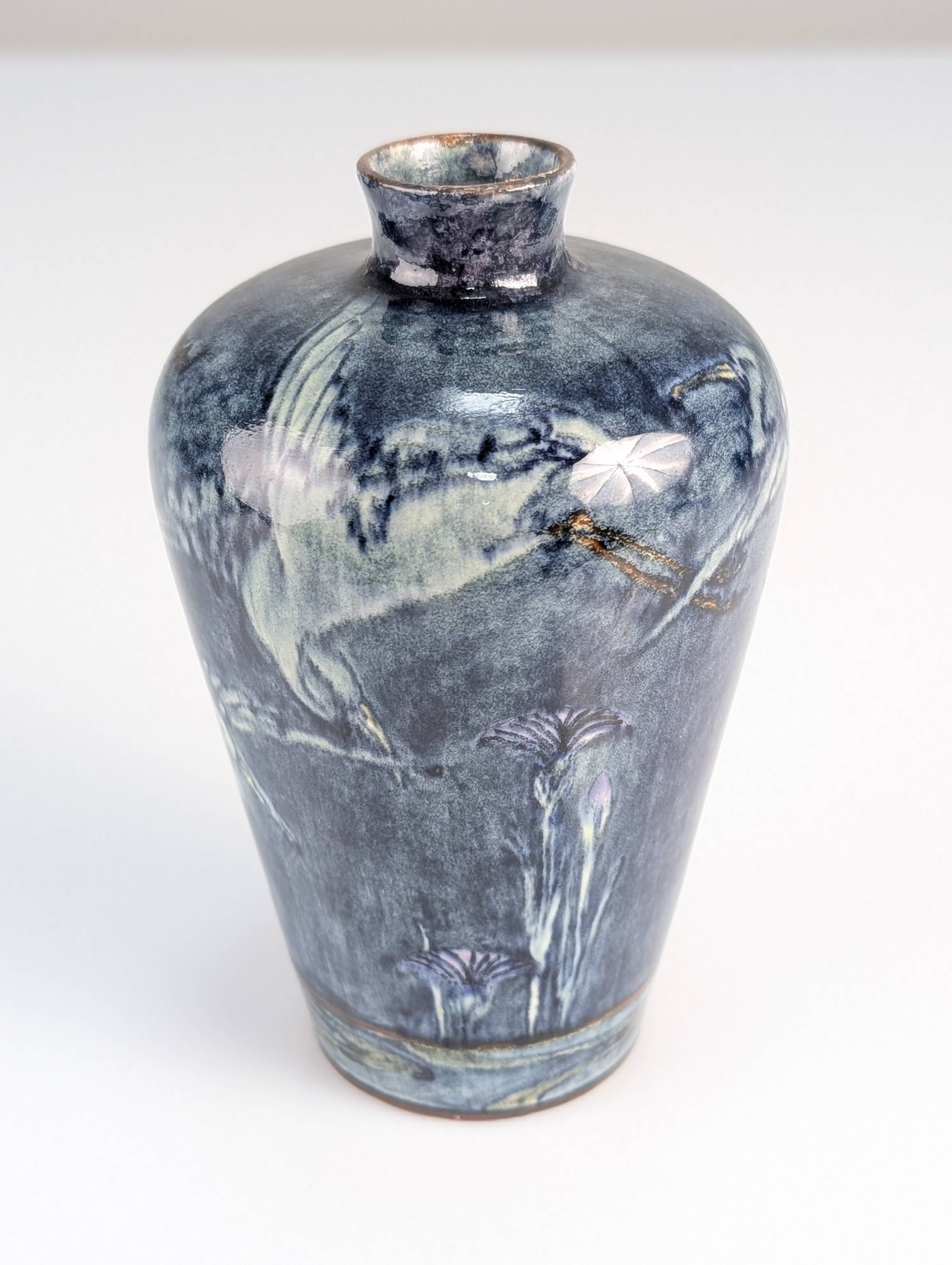 Art Nouveau Vase Herons and Flowers, J.W. Mijnlieff, Holland Utrecht 1900s