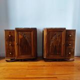 Pair of Art Deco bedside tables in solid walnut, 1940