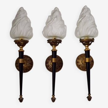 Set Of 3 French Maison Jansen Sconces Solid Bronze With Blown Glass Flame Shades 4649