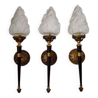 Set Of 3 French Maison Jansen Sconces Solid Bronze With Blown Glass Flame Shades 4649