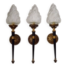 Set Of 3 French Maison Jansen Sconces Solid Bronze With Blown Glass Flame Shades 4649
