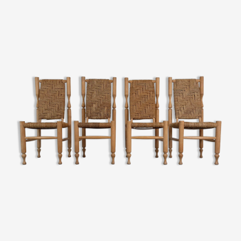 Rustic beech and rope dining chairs France 1950