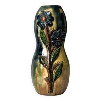 Vase en faïence vernissée, ancien, décor floral