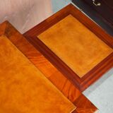 Restored antique Russian hardwood partner desk and leather armchair.