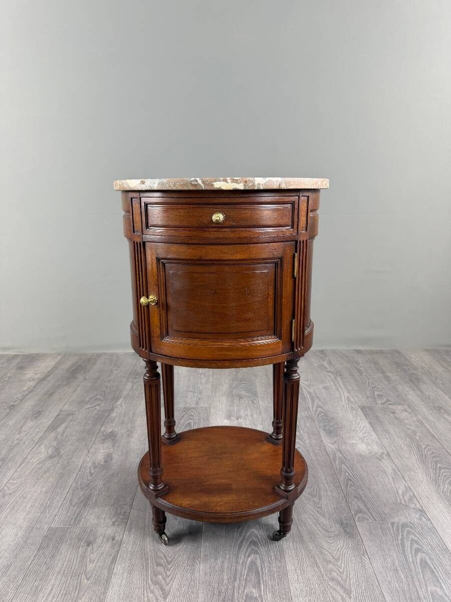 Half-moon side table in mahogany and marble, Louis XVI style, 19th century.