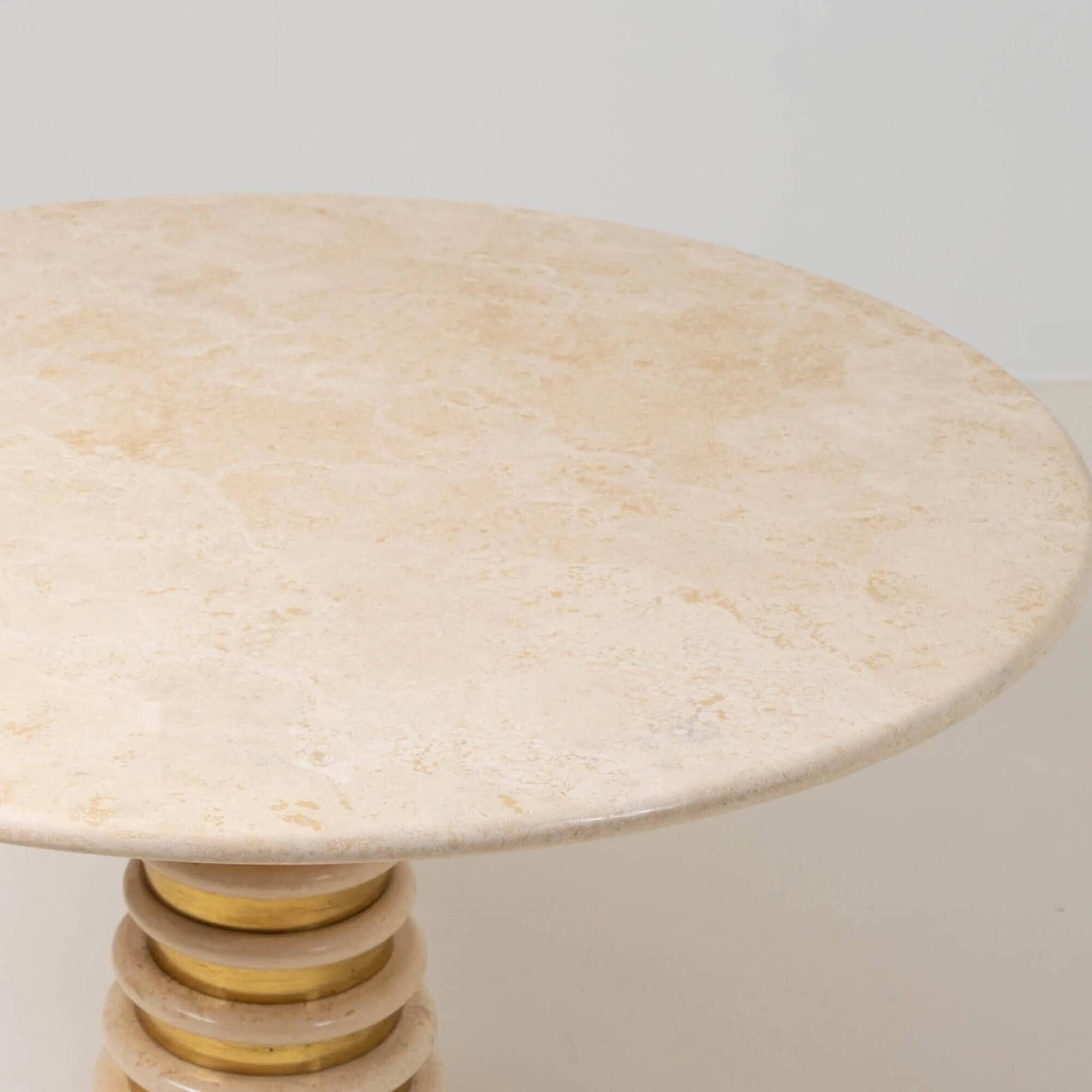 Italian Travertine and Brass Pedestal Dining Table Attributed to Marzio Cecchi for Studio Most, Italy,