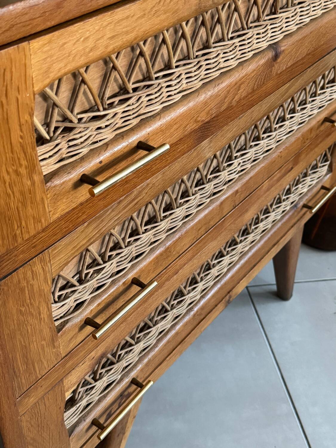 Old vintage wooden and rattan chest of drawers